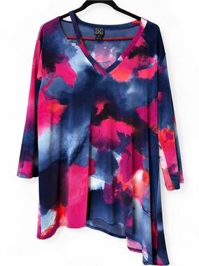 Clara Sun Woo Navy, Fuchsia & Coral Watercolor V-Neck Tunic